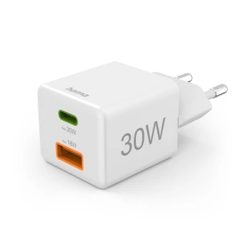 Schnellladegerät, 1x USB-C, 1x USB-A, Mini-Ladegerät, PD, 30 W, Weiß