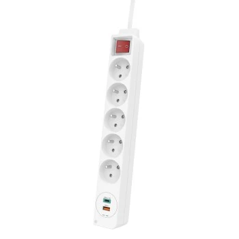 Přepěťová ochrana, 5 zásuvek, USB-C/USB-A, PD/FC 18W, vypínač, 1,4 m, FR/PL