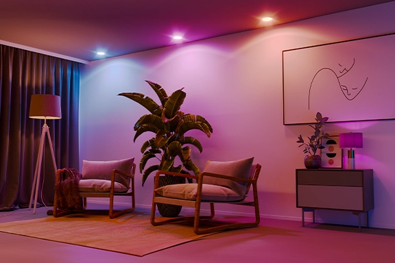 Ein Wohnraum wird idyllisch bunt von den smarten Hama WLAN-LED-Lampen beleuchtet