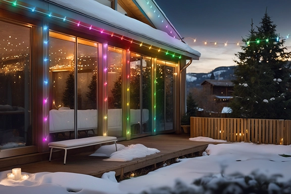 In the snow-covered garden, the smart Hama LED light chain is attached to the wooden roof of a conservatory.