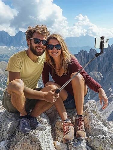 A young couple sits on a mountain peak in summer weather and takes a summit selfie with the Hama selfie stick tripod "Fancy Stand 70 II".